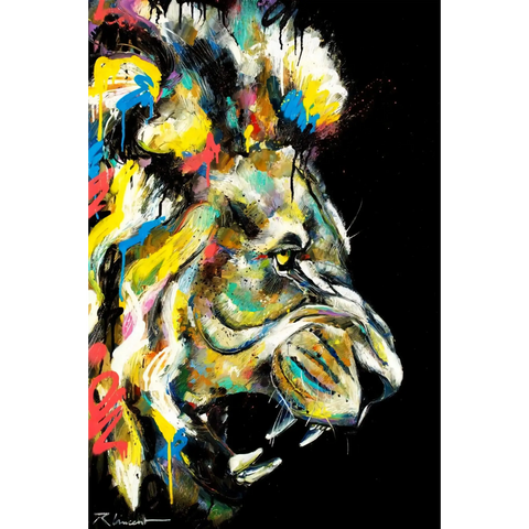 A painting of a lion with colorful paint strokes