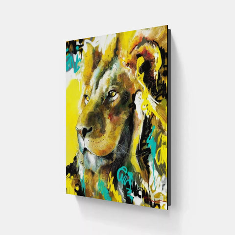 A painting of a lion on a yellow background