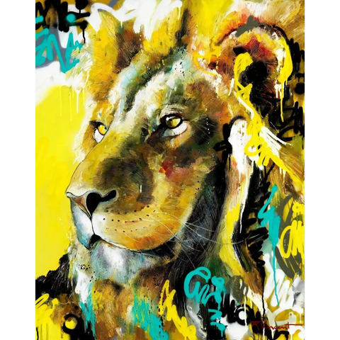 A painting of a lion with yellow and blue paint strokes