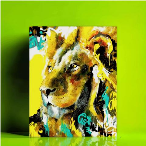 A painting of a lion on a green background