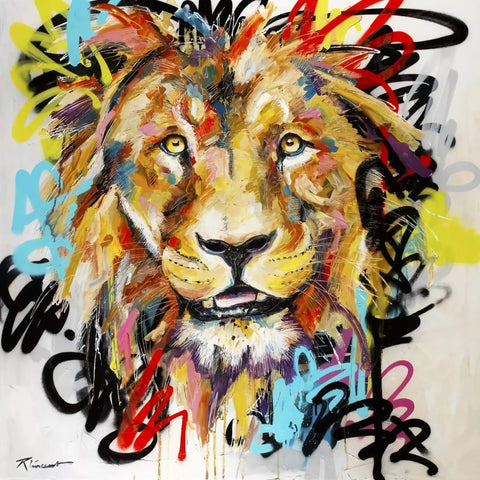 A painting of a lion with colorful paint strokes