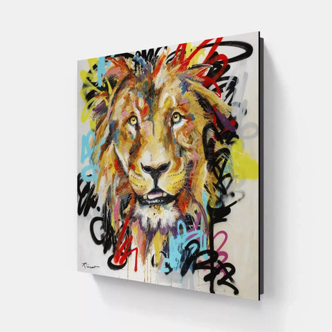 A painting of a lion with colorful paint strokes