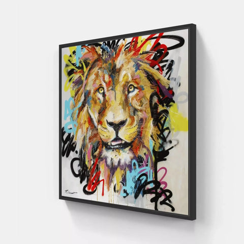 A painting of a lion with colorful paint strokes