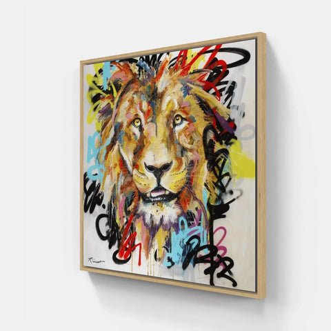 A painting of a lion with colorful paint strokes