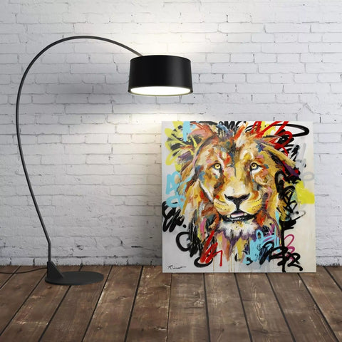 A large canvas with a lion head on it