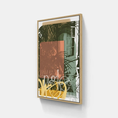 A framed print with a tropical theme