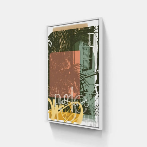 A square canvas with a tropical print on it