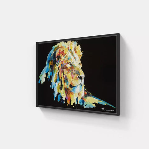 A painting of a lion on a black background