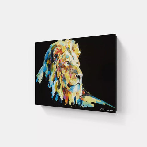 A painting of a lion on a black background