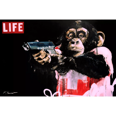 A painting of a monkey holding a gun