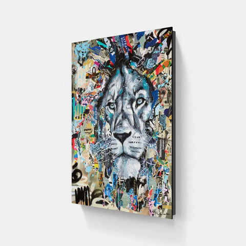 A large canvas with a lion face on it