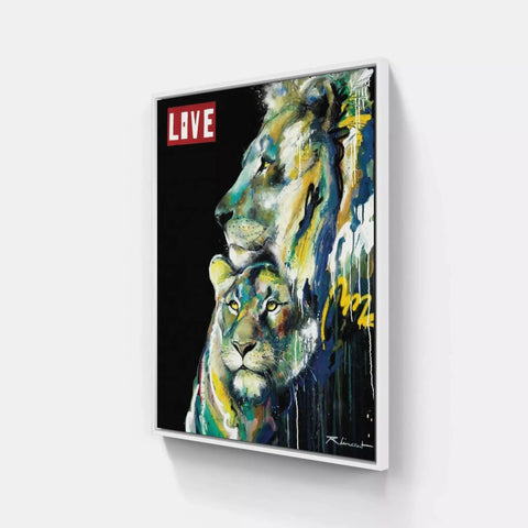 A painting of two lions on a wall