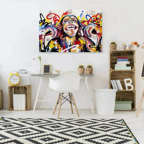 A white room with a white rug and a painting on the wall