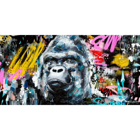 A gorilla with colorful paint splats on it