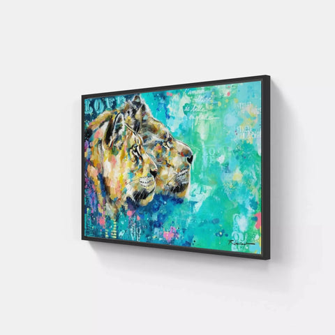 A framed painting of a lion on a wall