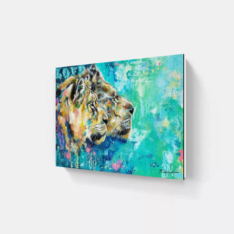 A painting of a lion on a wall