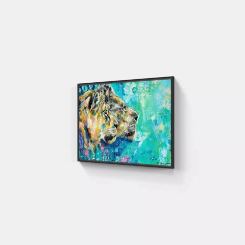 A painting on a wall with a lion