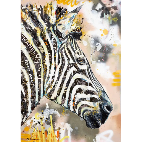 Painting of a zebra with a yellow background and a white stripe