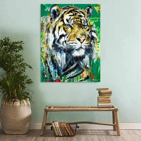 A painting of a tiger on a wall