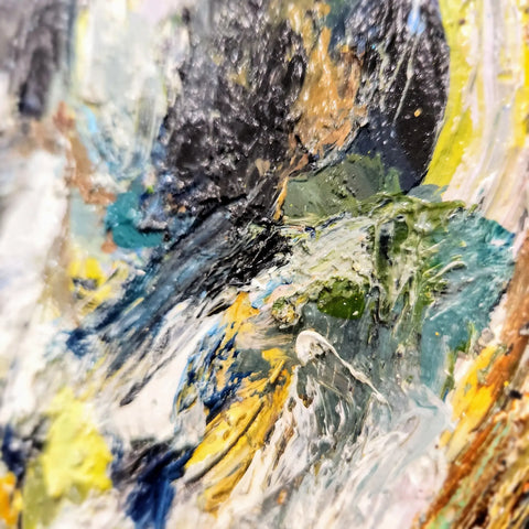 A close up of a painting with a lot of paint strokes