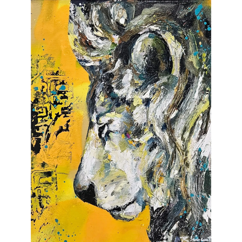 A painting of a lion on a yellow background