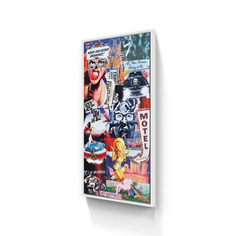 Colorful collage-style artwork on a canvas featuring pop culture imagery and graffiti-like elements.