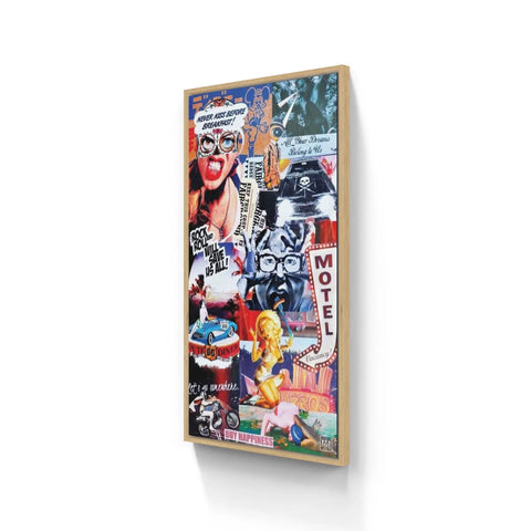 Framed collage artwork featuring a chaotic mix of pop culture images, text, and vibrant colors.