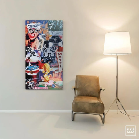 Colorful pop art collage canvas hanging on a wall.