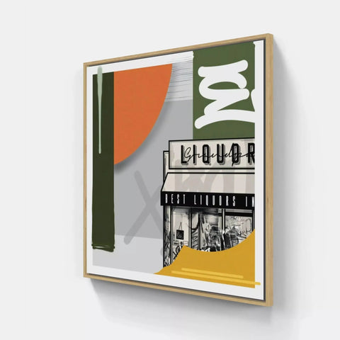 A framed print of a building with a sign that says’nola ’