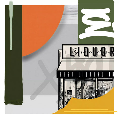 A poster for a restaurant with a large orange and green sign