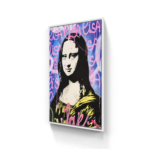 Pop art-style canvas print of the Mona Lisa with graffiti-like text overlays in pink and blue.