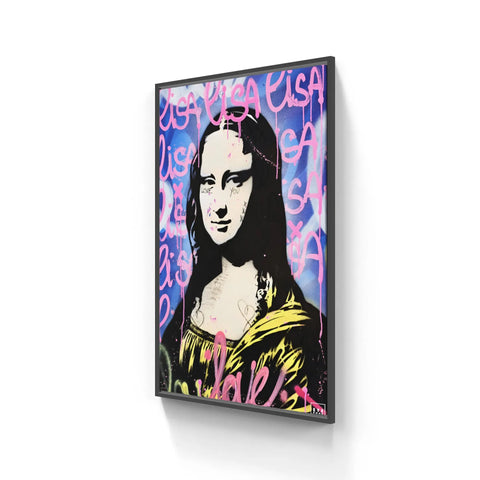 Pop art-style painting of the Mona Lisa with graffiti-like text overlaid on a colorful background.