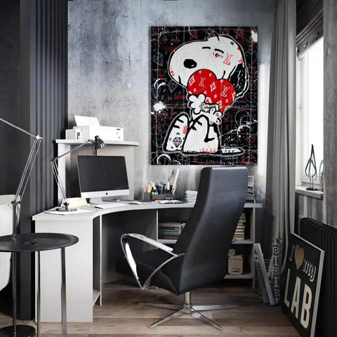 A black and white office with a large painting on the wall