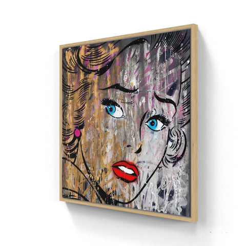 Abstract portrait painting featuring vibrant blue eyes and red lips against a textured, multi-colored background.