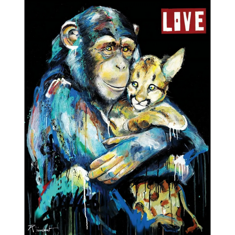 A painting of a monkey holding a cat