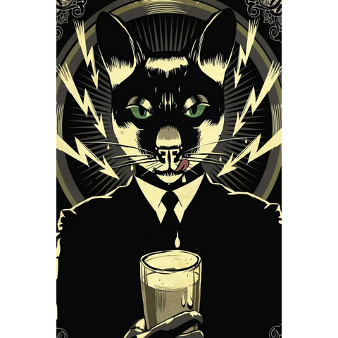 A black cat with green eyes and a suit holding a glass of beer