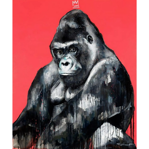 A painting of a gorilla with a red background