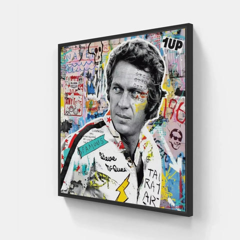 A framed print of a man with graffiti on it