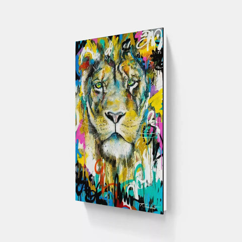 A colorful lion painting on a wall