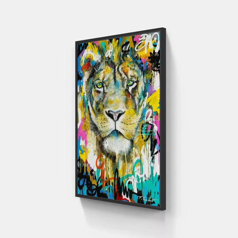 A large canvas with a lion face on it