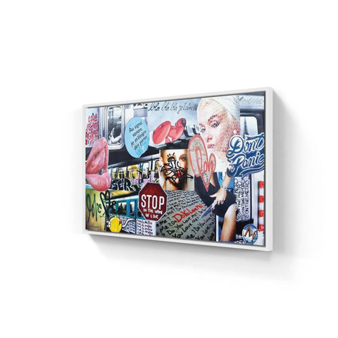 Colorful pop art collage canvas print featuring urban imagery and a blonde woman.