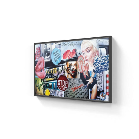 Framed collage-style artwork featuring pop culture imagery, graffiti elements, and a blonde figure.