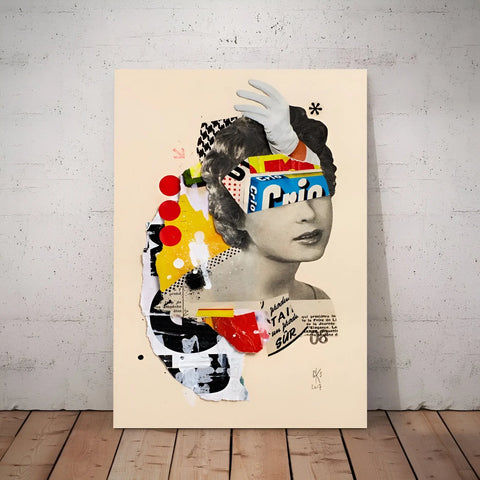 Surrealist collage artwork featuring a woman’s face combined with abstract shapes and text elements.