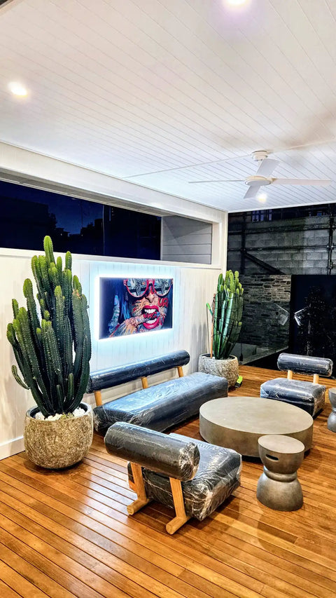 Modern living room with gray sectional sofa, colorful wall art, and potted cacti.