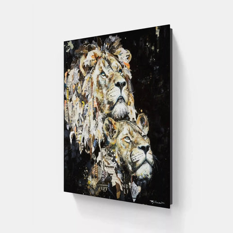 A painting of a lion on a black background