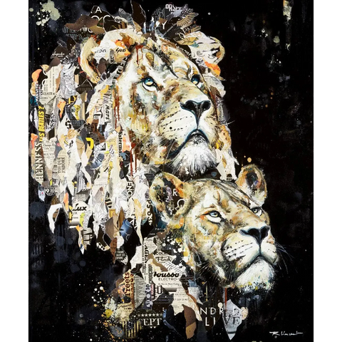 A painting of a lion with many different types of animals