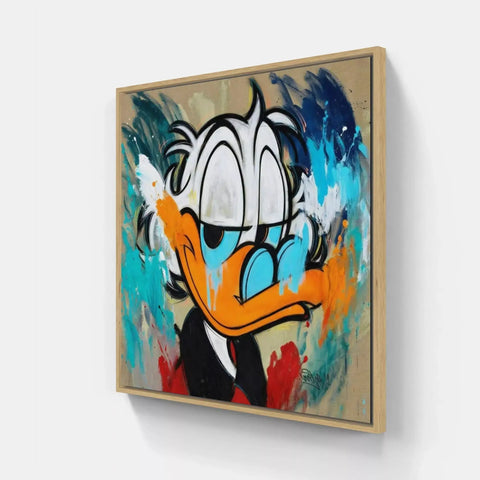 A painting of a duck with a blue and orange face