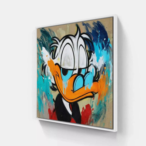 A painting of a duck with a blue and orange face