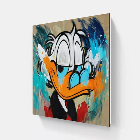 A painting of a duck with a blue and orange face