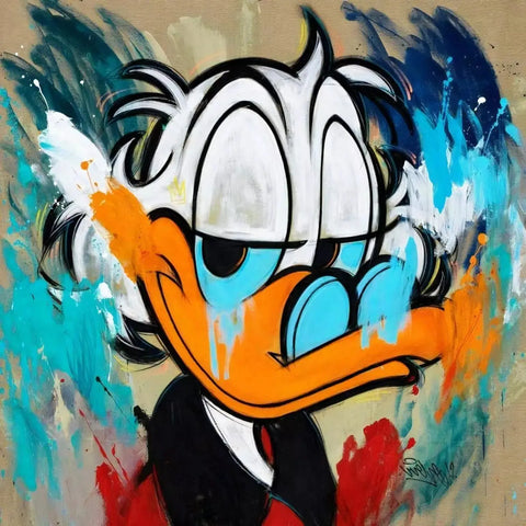 A painting of a duck with a blue and orange paint